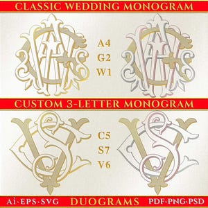 Logotipo de monograma de boda personalizado de 3 letras, diseño de monograma personalizado, elegantes iniciales entrelazadas para invitación de boda y escudo SVG y PNG