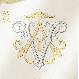 Op de afbeelding: Een digitale download met een goud- en zilverkleurig monogramontwerp met de letters "AV". Het sierlijke ontwerp staat tegen een crèmekleurige achtergrond met decoratief krulwerk. De tekst "Digital download DUOGRAMS" staat onderaan.
