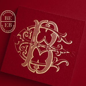 Könnte beinhalten: Goldenes Monogramm mit den Buchstaben "BE", die in einem dekorativen, verzierten Design miteinander verschlungen sind. Die Buchstaben sind vor einem roten Hintergrund platziert.