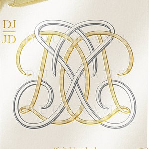 May include: A digital download of a monogram design featuring the letters DJ and JD intertwined in a decorative knot. The letters are in a silver color and the knot is in gold. The design is on a white background with a gold scroll border.