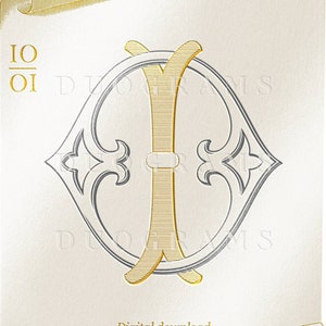 以下が含まれることがあります： 装飾的な華やかなスタイルで「I」の文字がデザインされた、金と銀のモノグラム。モノグラムは金色の縁取りのある白い背景に配置されています。画像の下部には「デジタルダウンロード DUOGRAMS」というテキストがあります。