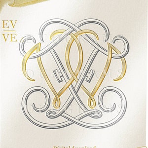 May include: A gold and silver monogram design with the letters "EV" over "VE" on a white background. The design is in a scroll-like shape with a gold border. The text "Digital download DUOGRAMS" is at the bottom of the image.