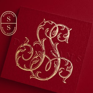 Könnte beinhalten: Goldenes metallisches Monogramm des Buchstabens "S" mit verzierten Schnörkeln auf rotem Hintergrund. Das Monogramm ist von einem Kreis mit dem Text "DUOGRAMS DIGITAL DOWNLOAD" in Gold umgeben.