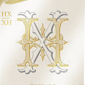Könnte beinhalten: Ein goldenes und silbernes Monogramm mit den Buchstaben HX und XH, die ineinander verschlungen sind. Das Monogramm befindet sich auf einem weißen Hintergrund mit einem goldenen Schriftrollen-Design.
