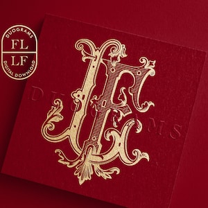 May include: A gold monogram with the letters "FL" in a decorative, ornate font. The letters are intertwined and surrounded by intricate flourishes. The monogram is on a red background.