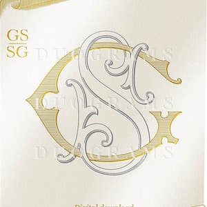 May include: A digital download of a monogram design featuring the letters "GS" in a decorative, stylized font. The letters are intertwined and have a gold and silver color scheme. The design is set against a white background and is framed by a scroll-like border.