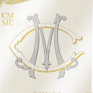 May include: A digital download of a monogram design featuring the letters CM and MC in a decorative, vintage style. The letters are in a gray color with a gold outline and are set against a white background. The design is framed by a gold scroll and includes the text "DUOGRAMS".