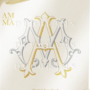 May include: A gold and silver monogram with the letters "AM" intertwined. The letters are on a white background with a gold scroll design. The text "DUOGRAMS" appears three times in the image.
