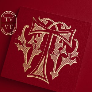 May include: A gold monogram with the letters "VT" in a decorative, ornate font. The letters are intertwined and surrounded by intricate flourishes. The monogram is on a red background.