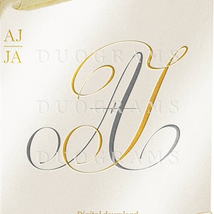 May include: A digital download of a gold and gray monogram with the letters "AJ" in a script font. The monogram is on a white background with a gold scroll design around the edges. The text "DUOGRAMS" appears below the monogram.