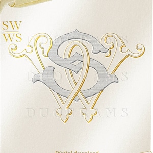 May include: A digital download graphic featuring a monogram design with the letters "SW" and "WS" intertwined in a vintage style. The design is in gold and gray on a cream-colored background. The words "Digital download" and "DUOGRAMS" are also present.