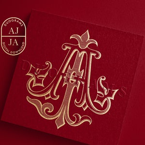 May include: Gold monogram with the letters "JA" intertwined in a decorative design on a red background.