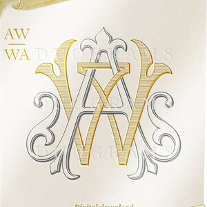 Könnte beinhalten: Ein goldenes und silbernes Monogramm mit den Buchstaben "AW" und "WA", die ineinander verschlungen sind. Das Monogramm ist im Vintage-Stil mit verzierten Verzierungen gehalten. Der Text "Digitaler Download DUOGRAMME" befindet sich am unteren Rand des Bildes.