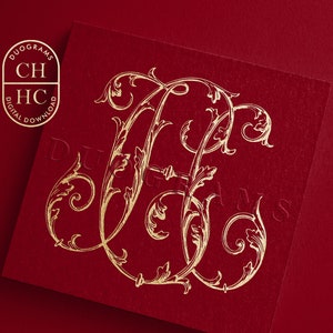Könnte beinhalten: Ein goldenes Monogramm mit den Buchstaben "CH", die mit verzierten Schnörkeln ineinander verschlungen sind, auf rotem Hintergrund. Die Buchstaben sind von einem Kreis mit dem Text "DUOGRAMS DIGITAL DOWNLOAD" in Schwarz umgeben.