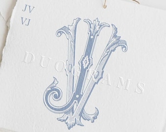 May include: A blue and white monogram with the letters JV and VJ. The monogram is in a vintage style with ornate flourishes. The text "DUOGRAMS" is also visible in the image.