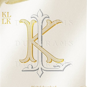 May include: A gold and silver monogram with the letters "KL" intertwined. The letters are in a decorative, ornate font and are set against a white background. The image is framed by a gold scroll design. The text "Digital download DUOGRAMS" appears at the bottom of the image.