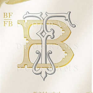 Puede incluir: Un monograma dorado y plateado con las letras "BF" y "FB" entrelazadas. El monograma está sobre un fondo blanco con un diseño de rollo dorado. El texto "Descarga digital DUOGRAMS" está en la parte inferior de la imagen.