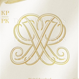 Puede incluir: Un diseño de monograma dorado con las letras KP y PK entrelazadas. El diseño está sobre un fondo blanco con un borde de desplazamiento. El texto "Descarga digital DUOGRAMAS" está en la parte inferior de la imagen.