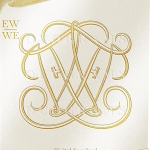 May include: A digital download of a gold monogram featuring the letters "EW" intertwined. The monogram is set against a white background with a scroll design around the edges. The text "Digital download DUOGRAMS" appears at the bottom of the image.