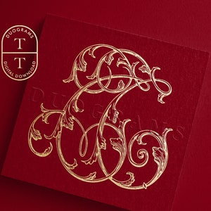 May include: A gold-colored, ornate, decorative monogram with the letter "T" in a stylized font. The monogram is on a red background.