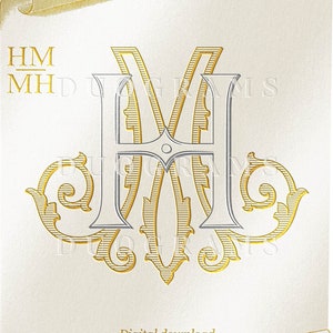 May include: A gold and silver monogram with the letters HM and MH intertwined. The monogram is on a white background with a gold scroll design. The text "Digital download DUOGRAMS" is at the bottom of the image.