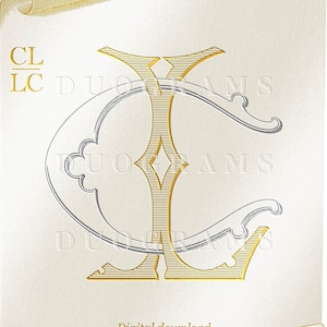 May include: A gold and silver monogram with the letters "CL" intertwined. The letters are on a white background with a gold scroll design around the edges. The text "Digital download DUOGRAMS" is at the bottom of the image.
