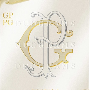May include: A gold and silver monogram with the letters "GP" intertwined. The monogram is on a white background with a gold scroll design. The text "DUOGRAMS" appears three times on the image. The text "Instant download DUOGRAMS" appears at the bottom of the image.