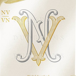 Könnte beinhalten: Ein goldenes und silbernes Monogramm mit den Buchstaben "NV" ineinander verschlungen. Die Buchstaben sind in einer dekorativen Schreibschrift gehalten und vor einem weißen Hintergrund platziert. Der Text "Digitaler Download DUOGRAMS" befindet sich am unteren Rand des Bildes.