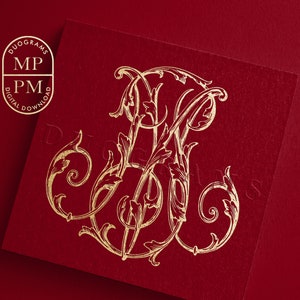 Può includere: Monogramma dorata con le lettere "MP" intrecciate con motivi floreali decorativi su uno sfondo rosso. Le lettere sono in un font corsivo e il design ricorda uno stile vintage.