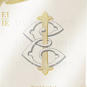 Könnte beinhalten: Ein digitaler Download eines Monogramms mit den Buchstaben "EI" in Gold und Silber. Die Buchstaben sind ineinander verschlungen und haben oben eine dekorative Verzierung. Das Design ist auf einem weißen Hintergrund mit einem scrollartigen Rand.