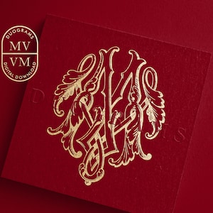 May include: A gold monogram with the letters "VM" intertwined in a decorative, ornate style. The monogram is on a red background.