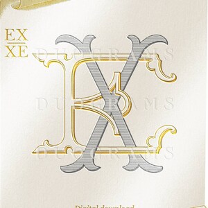 May include: A digital download featuring a monogram design. The intertwined letters "E" and "X" are rendered in gray with gold accents, set against a cream-colored background. The design includes decorative flourishes and the text "DUOGRAMS".