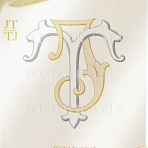 Puede incluir: Un monograma dorado y plateado con las letras JT y TJ entrelazadas. El monograma está sobre un fondo blanco con un borde de desplazamiento dorado. El texto "Descarga digital DUOGRAMS" está en la parte inferior de la imagen.