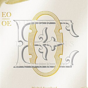 May include: A digital download of a monogram design featuring the letters "EO" in a gold and silver color scheme. The letters are intertwined and have a decorative flourish. The design is on a white background with a gold scroll border. The text "Digital download DUOGRAMS" is at the bottom of the image.