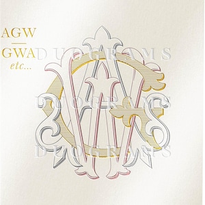 May include: A gold, silver, and pink monogram with the letters "AW" intertwined. The letters are surrounded by a decorative border. The text "AGW" and "etc..." is above the monogram. The text "Instant download DUOGRAMS" is below the monogram.