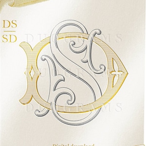 Könnte beinhalten: Ein goldenes und silbernes Monogramm mit den Buchstaben "DS" und "SD", die miteinander verschlungen sind. Das Monogramm befindet sich auf einem weißen Hintergrund mit einem goldenen Schriftrollenmuster an den Rändern. Der Text "Digitaler Download DUOGRAMME" befindet sich am unteren Rand des Bildes.
