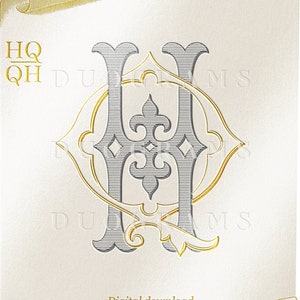 Diseño de logotipo de monograma de boda HQ QH Iniciales de monograma de dos letras H Q Q H + 2 coronas de boda SVG
