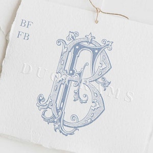 Puede incluir: Un monograma azul y blanco con las letras "BF" en una fuente decorativa y adornada. Las letras están rodeadas de intrincados diseños florales. La imagen incluye el texto "DUOGRAMS" y "Descarga instantánea".