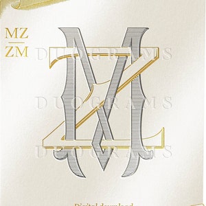 Puede incluir: Una descarga digital de un diseño de monograma con las letras "MZ" entrelazadas en un estilo vintage decorativo. Las letras son de color gris plateado con un contorno dorado. El fondo es de color crema con un diseño de desplazamiento dorado.