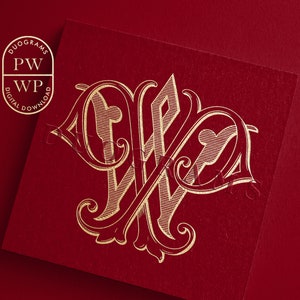May include: Gold monogram initial "WP" with decorative flourishes on a red background.