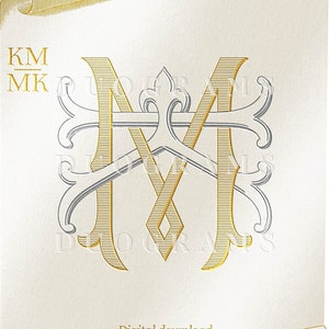 May include: A gold and silver monogram with the letters KM and MK intertwined. The monogram is on a white background with a gold scroll design. The text "Digital download DUOGRAMS" is at the bottom of the image.