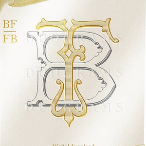 Puede incluir: Un monograma dorado y plateado con las letras "BF" y "FB" sobre el monograma. El monograma está sobre un fondo blanco con un borde de desplazamiento dorado. El texto "Descarga digital DUOGRAMS" está en la parte inferior de la imagen.
