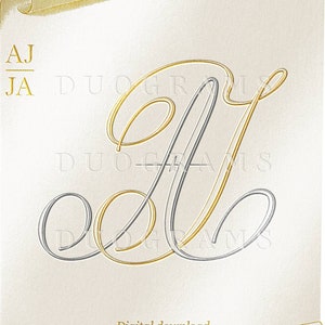 May include: A gold and silver monogram with the letters "AJ" intertwined. The letters are on a white background with a gold scroll design. The text "DUOGRAMS" appears below the monogram.