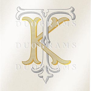 May include: A digital graphic featuring an ornate, intertwined monogram of the letters T and K. The letter T is rendered in a silver tone, while the letter K is in gold with fine horizontal line detailing. The text DUOGRAMS appears in the background.