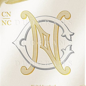 Könnte beinhalten: Ein goldenes und silbernes Monogramm mit den Buchstaben "CN" ineinander verschlungen. Die Buchstaben befinden sich auf einem weißen Hintergrund mit goldener Umrandung. Der Text "Digitaler Download DUOGRAMS" befindet sich am unteren Rand des Bildes.