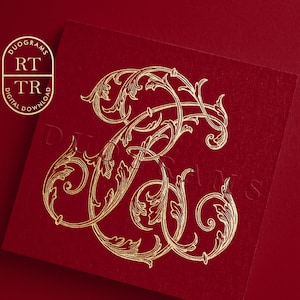 May include: Gold monogram featuring the letters "RT" intertwined in a decorative, stylised font. The letters are surrounded by ornate, gold, floral designs on a red background.
