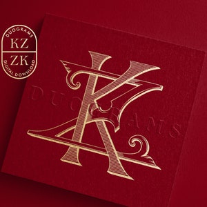 May include: A gold monogram featuring the letters "KZ" intertwined. The letters are in a decorative, stylized font. The monogram is set against a red background.