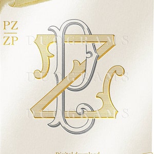 Könnte beinhalten: Ein goldenes und silbernes Monogramm mit den Buchstaben "PZ" ineinander verschlungen. Die Buchstaben befinden sich auf einem weißen Hintergrund mit goldenem Rand. Der Text "Digitaler Download DUOGRAMS" befindet sich am unteren Rand des Bildes.