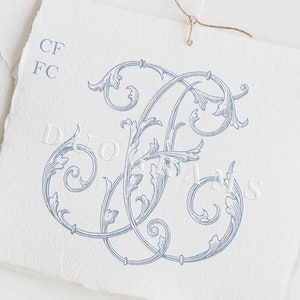Könnte beinhalten: Ein blaues und weißes Monogramm-Design mit den Buchstaben "CF" und "FC", die miteinander verschlungen sind. Das Design befindet sich auf einem weißen Hintergrund mit einem hellblauen Farbton. Der Text "DUOGRAMS" befindet sich am unteren Rand des Bildes.