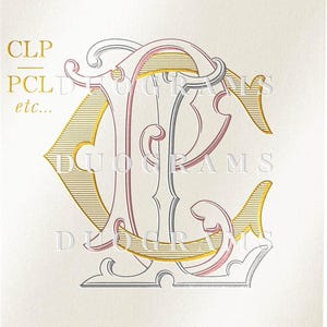 Può includere: Un monogramma dorato, rosa e grigio con le lettere "CL" intrecciate. Le lettere sono circondate da decorazioni floreali. Il testo "DUOGRAMS" appare due volte sotto il monogramma. Il testo "Download istantaneo DUOGRAMS" appare nella parte inferiore dell'immagine.